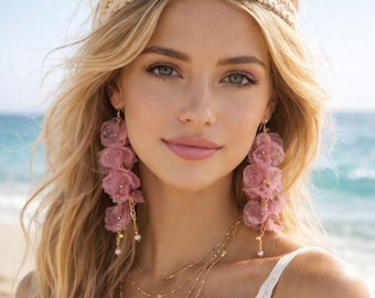 Pink Chiffon Orchid Earrings, Long Boho Floral Statement Jewelry, Statement Earrings, Drop Dangle Earrings, Floral Earrings
