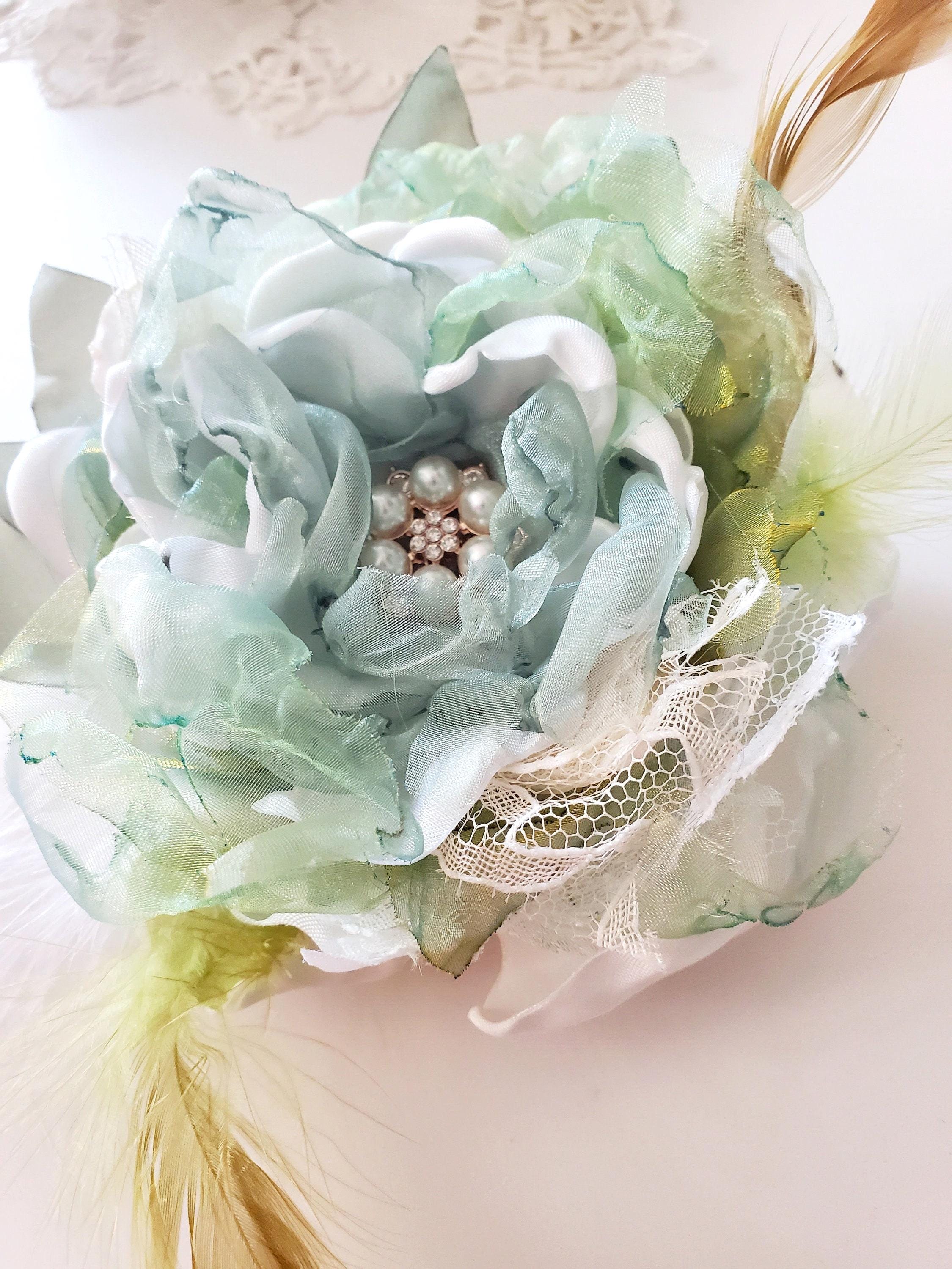 green emerald velvet dress Corsage and Boutonniere Set White & Sage Green