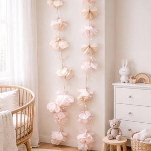 Blush & Ivory Paper Flower Garland with Satin Ribbon Bows, Wedding Backdrop, Bridal Shower Decor, Baby Shower, Birthday Party image 1