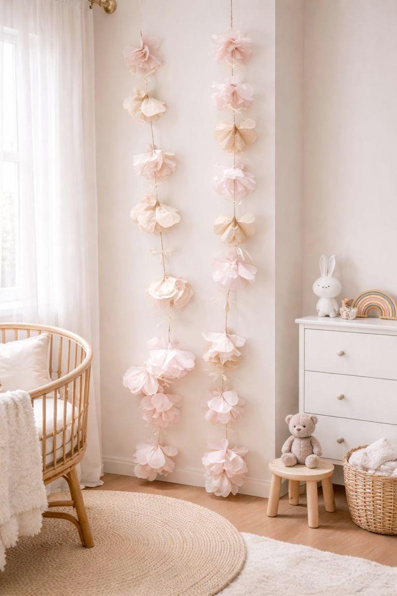 Blush & Ivory Paper Flower Garland with Satin Ribbon Bows, Wedding Backdrop, Bridal Shower Decor, Baby Shower, Birthday Party image 1