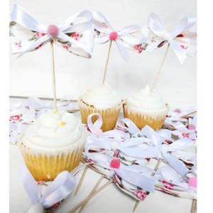 Bow Cupcake Toppers, Birthday Party Cupcake Toppers, Coquette Decorations, Bow Dessert Toppers, Baby Showers, Bridal Shower Cupcake Decor