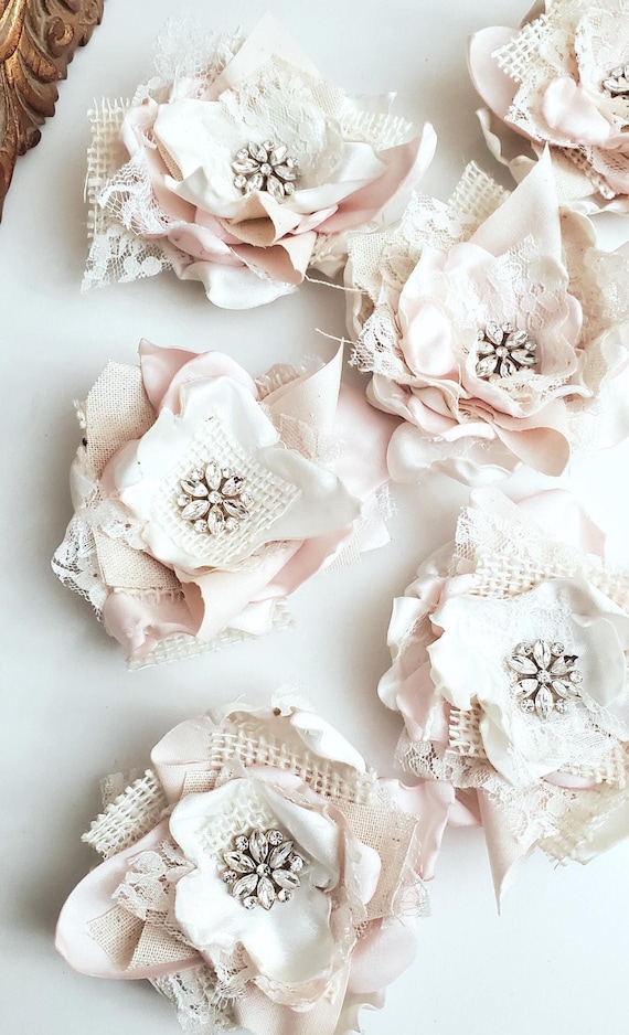 Set of 3 Burlap Cotton Rustic Flowers, Bridal Bouquet Floral Supplies, Appliques, Rustic Wedding Decoration, Cake Flower Embellishments