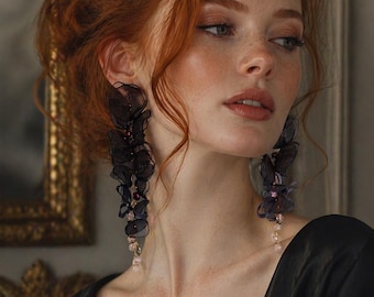 Long Flower Earrings, Statement Earrings, Black Floral Petal Earrings, Romantic Boho Luxury Jewelry, Gold Chain Drop Earrings