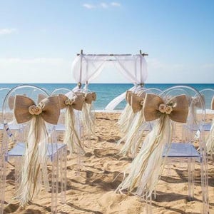 Rustic Burlap and Organza Wedding Bows with Roses, Pew, Chair, Aisle Decorations for Country Weddings, Bridal Showers, and Rustic Parties