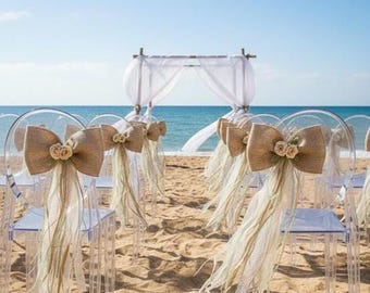 Rustic Burlap and Organza Wedding Bows with Roses, Pew, Chair, Aisle Decorations for Country Weddings, Bridal Showers, and Rustic Parties