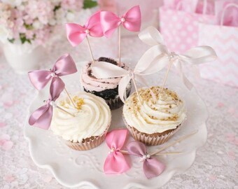 Pink Cupcake Bow Toppers, Cupcake Coquette Baby Shower Decor, Party Decor, Birthday Party Decorations, Bridal Shower Blush Bow Themed