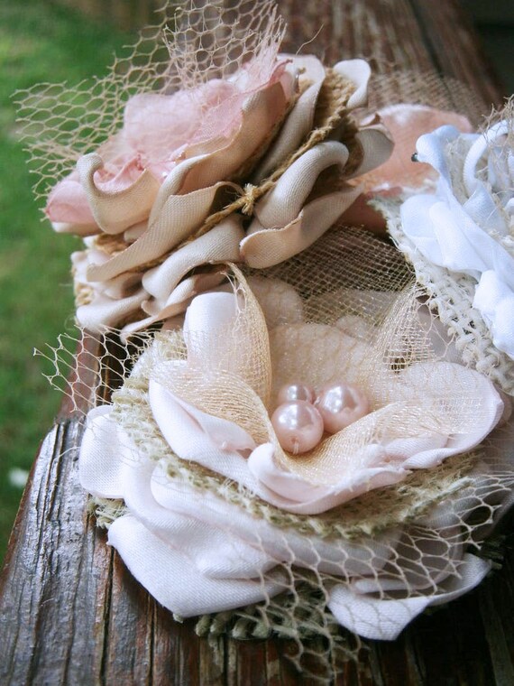 Burlap hair flowers Wedding burlap rustic decor Small fabric flowers set of 5 Rustic Bridal flower Wedding cake Cake flower decorations