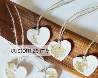 Clay heart tags set of 5, Keepsakes, Wedding favors, Valentine's day Heart tags, Wedding place settings, Napkin holders, Hanging ornaments