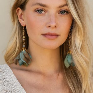 Long Green Chiffon Flower Earrings, Boho Dangle Earrings, Petal Statement Earrings, Green Statement Earrings, Elegant Long Drop Earrings