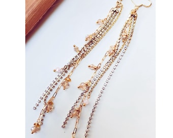 Dangle Gold Earrings, Tassel Long Earrings with Crystal Beads, Gold Chain Tassel Earrings, Statement Long Drop earrings, Feminine Earrings