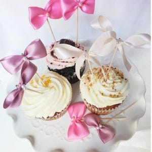 Pink Cupcake Bow Toppers, Cupcake Coquette Baby Shower Decor, Party Decor, Birthday Party Decorations, Bridal Shower Blush Bow Themed