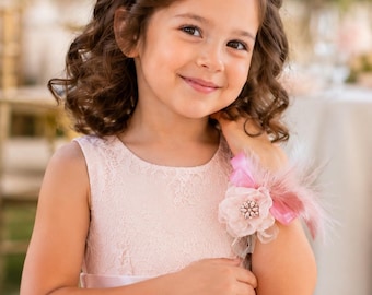 Pink Flower Corsage with Feathers, Flower Girl Wedding Wrist Corsage, Small-Sized Flower Corsage, Flower Bracelet, Bridal Corsage