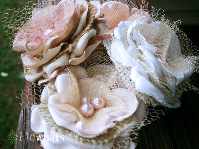 Burlap hair flowers Wedding burlap rustic decor Small fabric flowers set of 5 Rustic Bridal flower Wedding cake Cake flower decorations