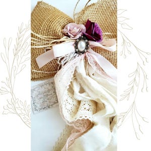 Rustic Burlap Lace Bow, Country Barn Wedding Decorations, Bows for Pew, Aisle, Bow Chairs Decor, Bohemian Shabby Chic Decor, Farmhouse Decor