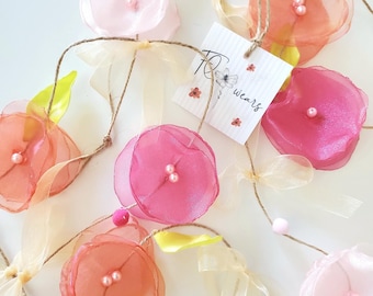 Flower Garland Pink Orange Pom Poms, Nursery Wall Decor, Garden Birthday, Baby Shower Decor, Bridal Shower Decor, Flower Backdrop