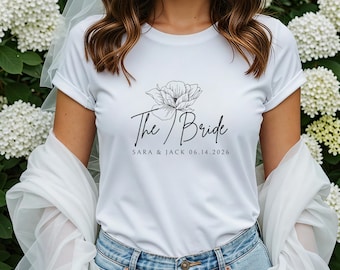 Floral Bride T-Shirt, Bridal Party Shower, Wedding Gift for Bridesmaids, Matching Wedding T-Shirt, Custom Name & Date Wedding T-Shirt