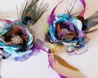 Peacock corsages, peacock flower corsages, Mother of the bride Mother of the groom corsage, Peacock wedding