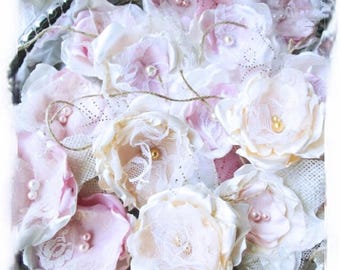 Small Fabric Flowers in Blush Ivory Cream Set of 5, Shabby Chic Flower Craft Supplies, Rustic Flower Decor, Cake Flowers Wedding Decor