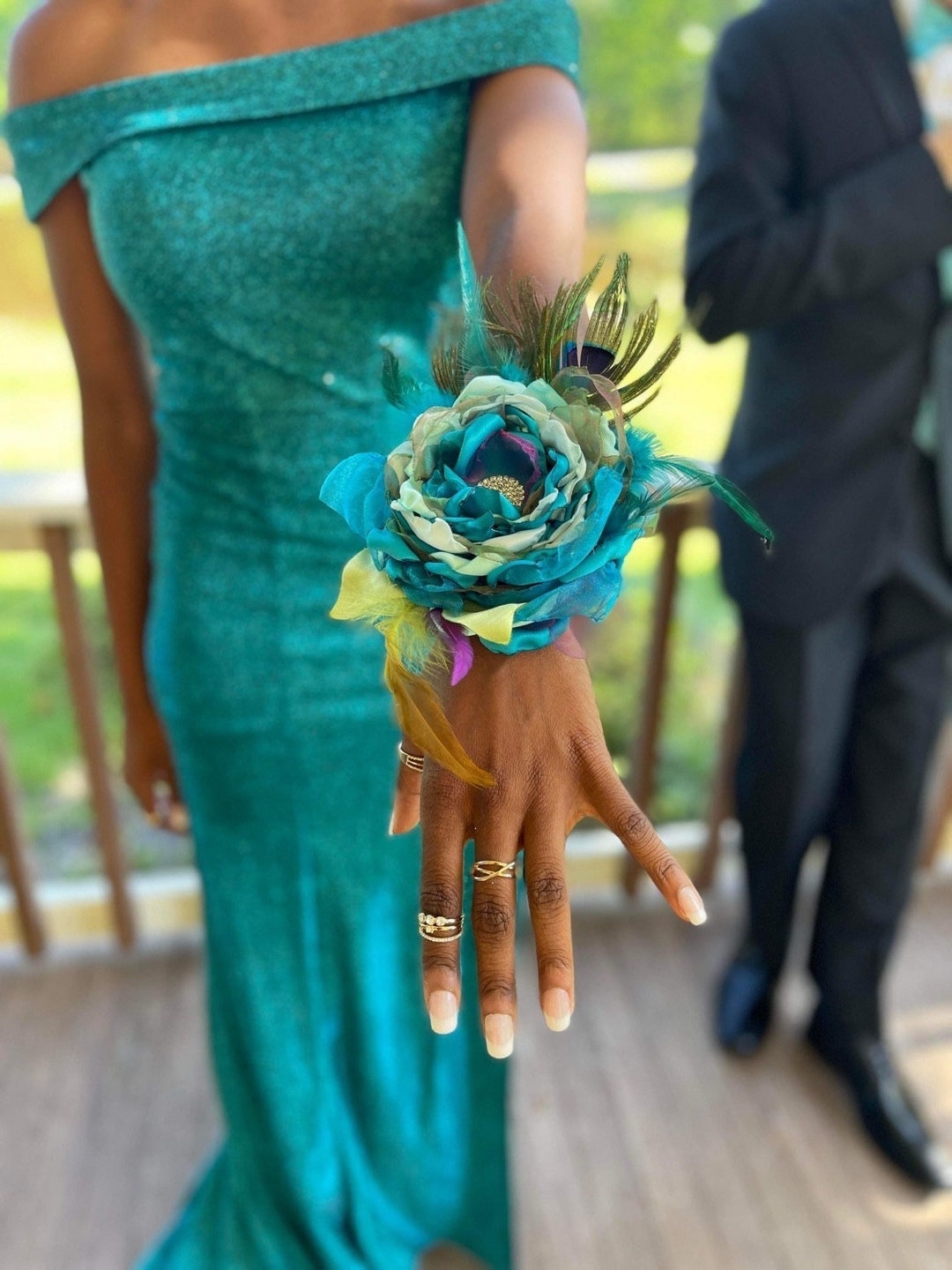 Peacock Wrist Corsage And Boutonniere Peacock Feather Corsage & Boutonniere Set: Swarovski Crystal  main image 3