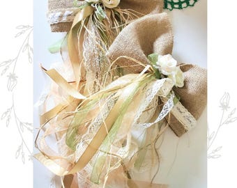 Rustic Burlap Bow, Roses and Lace, Farmhouse Wedding Decor for Pews, Chairs and Aisles
