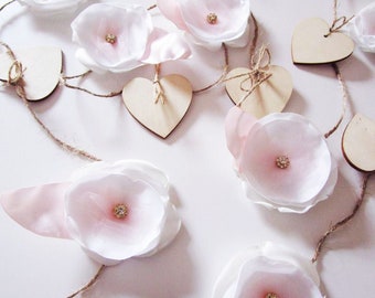 Rustic garland, Wedding decoration, Flower garland, Wooden heart garland, Blush flower garland, Baby shower decorations, Nursery decor