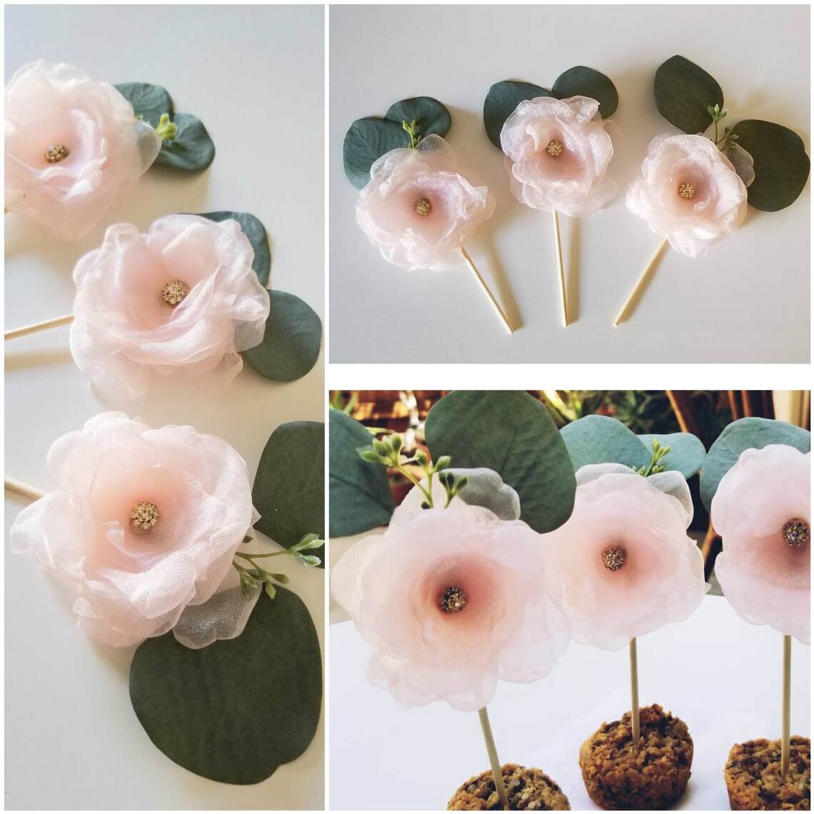 Cupcake toppers set of 3 with eucalyptus cupcake flower Etsy