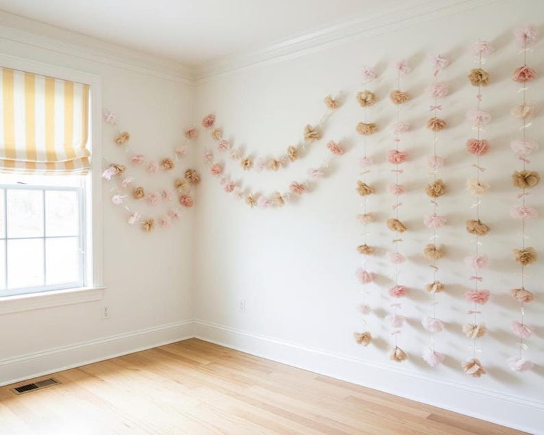 Blush & Ivory Paper Flower Garland with Satin Ribbon Bows, Wedding Backdrop, Bridal Shower Decor, Baby Shower, Birthday Party image 7