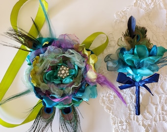 Boutonniere and Corsage Set in Peacock colors, Flower Wrist Corsage and Man Boutonniere