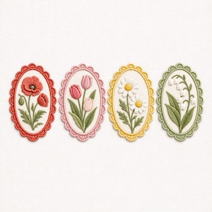 May include: Four embroidered floral oval patches. The patches feature a red poppy, pink tulips, white daisies, and white lily of the valley. Each patch has a scalloped border in coordinating colors. The patches are on a white background.