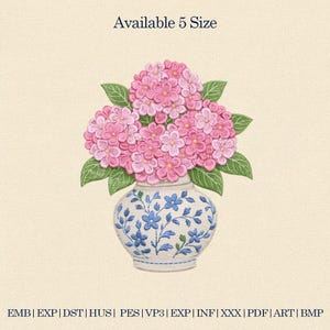 May include: An embroidered design of pink hydrangeas in a white vase with blue floral patterns. The image includes the text "Available 5 Size". The design is set against a cream-colored background.