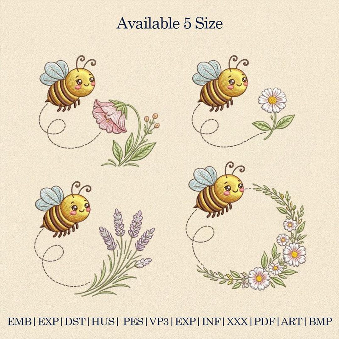 Bee Embroidery Design Bundle, Cute Bee Floral Embroidery, Spring Garden ...