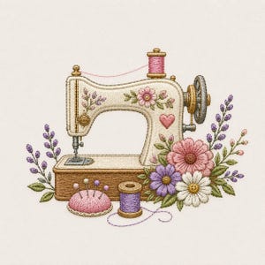 Könnte beinhalten: Gestickte Illustration einer Vintage-Nähmaschine. Die cremefarbene Maschine ist mit Blumen- und Herzdetails verziert. Ein rosa Nadelkissen, eine lila Garnrolle und bunte Blumen umgeben die Maschine.
