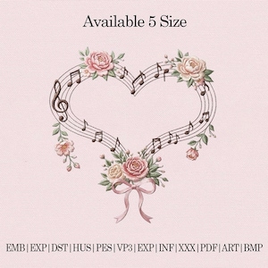 Puede incluir: Un pentagrama en forma de corazón con notas y una clave de sol, adornado con rosas rosas y crema y vegetación. Una cinta rosa está atada en la parte inferior. El texto "Available 5 Size" está en la parte superior.