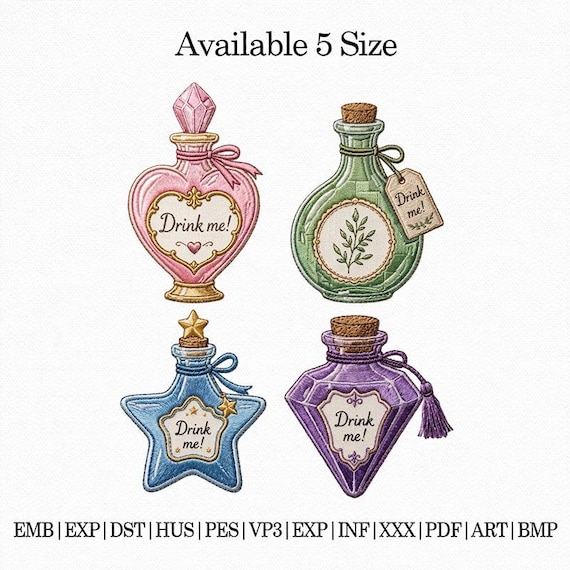 Drink Me Potion Bottle Embroidery Bundle, Fantasy Perfume Bottle Designs, Alice Inspired Embroidery Set, Cute Vintage Magic Bottles