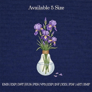 May include: A digital illustration of purple irises in a clear, lightbulb-shaped vase. The vase sits on a dark blue textured background. The text "Available 5 Size" is at the top. The bottom of the image contains file type abbreviations.