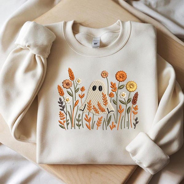 Ghost in Wildflowers Embroidery Design, Halloween Machine Embroidery File, Fall Floral Ghost PES DST, Instant Download,5 sizes