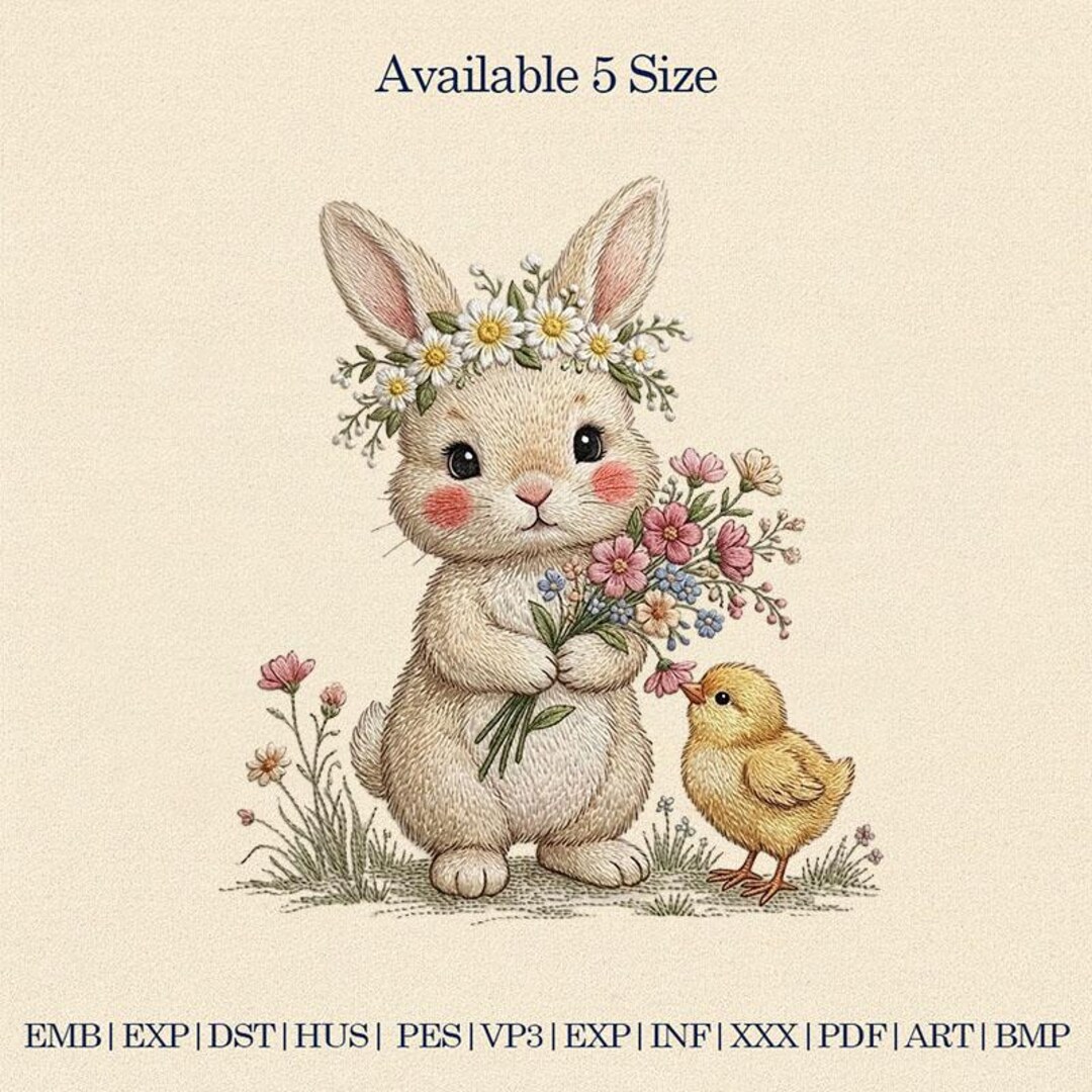 Cute Bunny and Chick Embroidery Design, Floral Rabbit Easter Embroidery ...