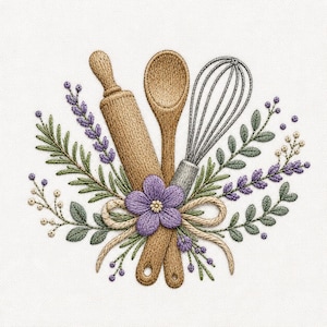 May include: Embroidered design featuring a rolling pin, wooden spoon, and whisk, surrounded by green leaves, lavender sprigs, and a purple flower. The kitchen tools are arranged in a decorative bouquet, tied with a beige rope, on a white background.