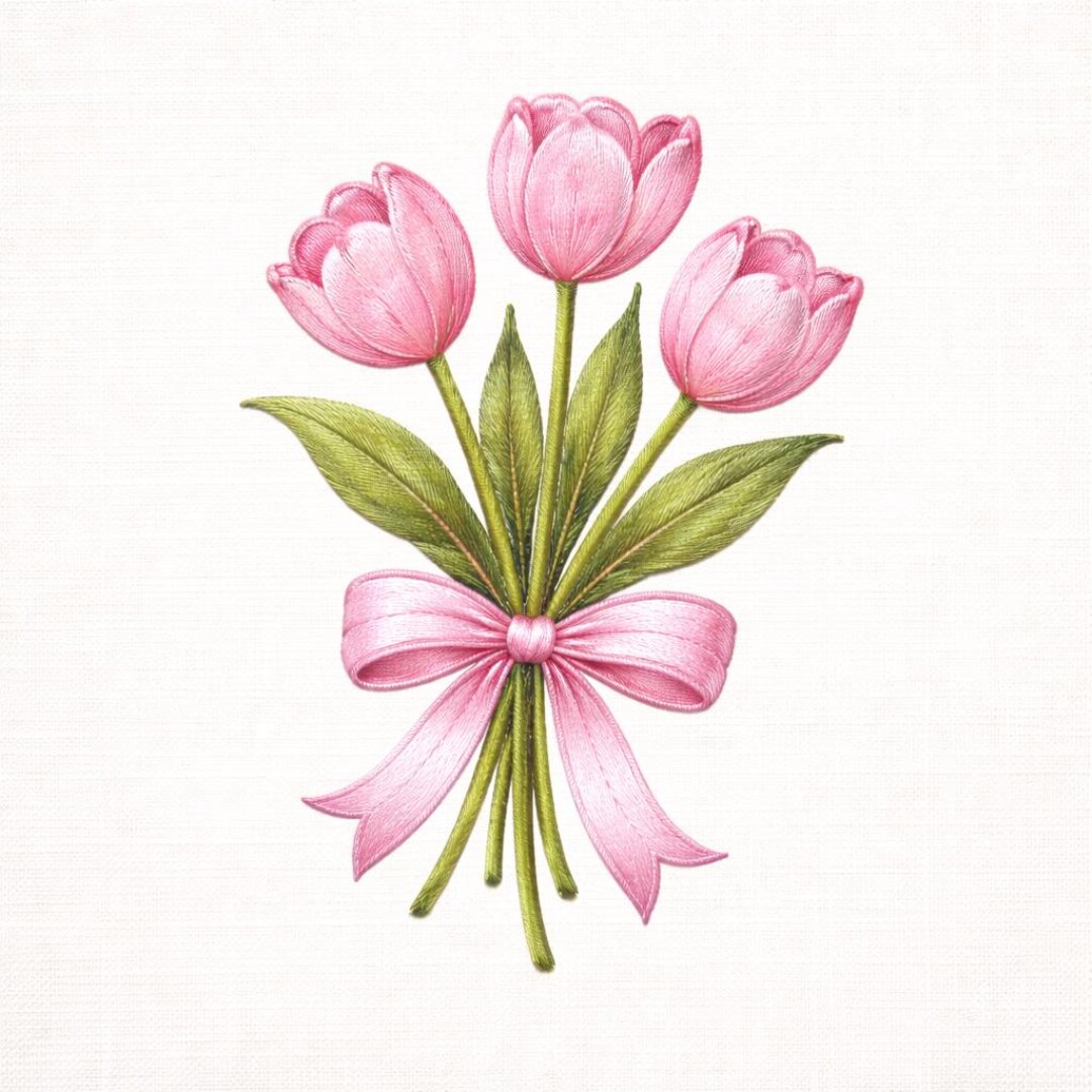 Pink Tulip Embroidery Design, Spring Floral Bouquet With Ribbon Bow ...