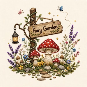 以下が含まれることがあります： 「Fairy Garden」の看板、赤いキノコ、色とりどりの花が刺繍されたアートワーク。 ランタンが枝から吊り下げられ、蝶がシーンの周りを飛び回っています。 アートワークはクリーム色の背景に設定されています。