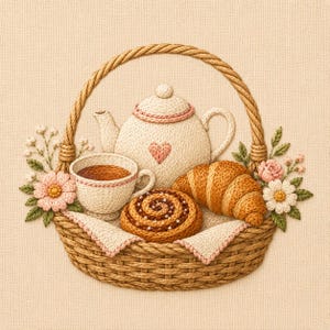 May include: An embroidered basket containing a cream-colored teapot with a pink heart, a teacup filled with brown liquid, a golden-brown croissant, and a cinnamon roll. The basket is decorated with pink and white flowers and green leaves.