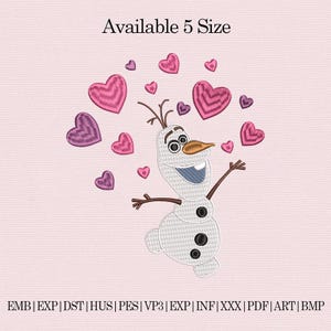 May include: An embroidered design featuring Olaf from Frozen with a smiling expression, surrounded by pink and purple hearts. The text "Available 5 Size" is at the top. Below are file format abbreviations: EMB, EXP, DST, HUS, PES, VP3, EXP, INF, XXX, PDF, ART, BMP.