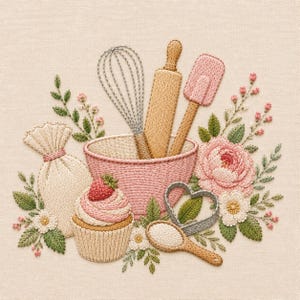Op de afbeelding: Geborduurd beeld van bakgereedschap en ingrediënten. Een roze kom bevat een garde, deegroller en spatel. Een cupcake met aardbei staat naast een bloemzak, een hartvormige uitsteker en een houten lepel. Bloemenaccenten.