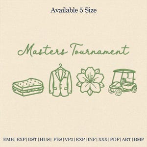 May include: A light beige background with green line art illustrations of a sandwich, a blazer, a flower, and a golf cart. The text "Masters Tournament" is above the illustrations. The text "Available 5 Size" is at the top.