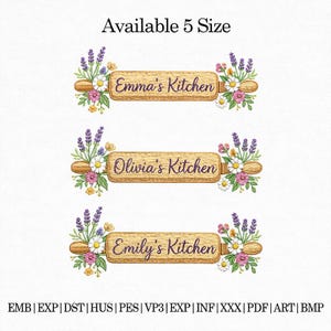 May include: Wooden kitchen sign with the text "Emma's Kitchen", "Olivia's Kitchen", and "Emily's Kitchen". Each sign is decorated with floral and lavender accents. The text "Available 5 Size" is at the top.