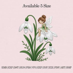 Snödroppefe broderidesign, blomsterfe broderifil, vårfe blommönster, söt fe maskinbroderi
