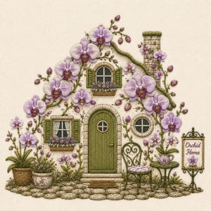 Puede incluir: Ilustración de una casa adornada con flores de orquídeas moradas. La casa tiene una puerta verde, contraventanas y una chimenea. Una pequeña mesa y silla están afuera, con un letrero que dice "Orchid Home".