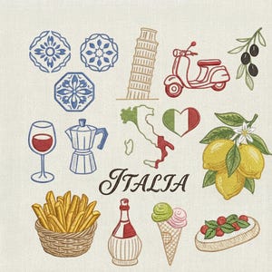 Pode incluir: Design bordado com ícones italianos: a Torre de Pisa, uma scooter, azeitonas, limões, um mapa, um coração, uma taça de vinho, uma cafeteira, batatas fritas, uma garrafa, gelado e um pastel. A palavra "Italia" também está incluída.