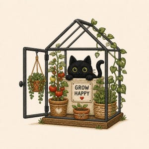 Pode incluir: Ilustração de um gato preto numa estufa com plantas de tomate e outras plantas verdes. O gato espreita por cima de uma caixa com as palavras "GROW HAPPY" e um coração. Plantas suspensas e um pequeno vaso também são visíveis.