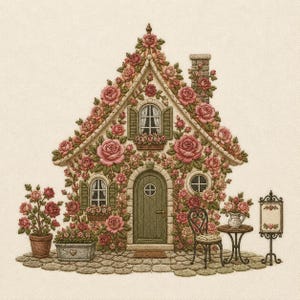 Puede incluir: Ilustración de una casa de campo cubierta de rosas rosas. La casa tiene una puerta verde, ventanas con contraventanas y una chimenea. Una pequeña mesa y silla están afuera, con un letrero y plantas en macetas. La casa está en un camino empedrado.